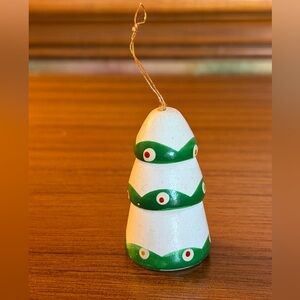 Vintage Tree Shaped Wood Ornament White Green Wooden Snow Christmas Tree Mini 2”